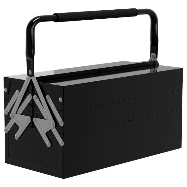 Caixa de Ferramentas de Aço Dobrável com 5 Compartimentos Mala de Ferramentas com Pega para Oficina e Casa 45x20x34,5 cm Preto
