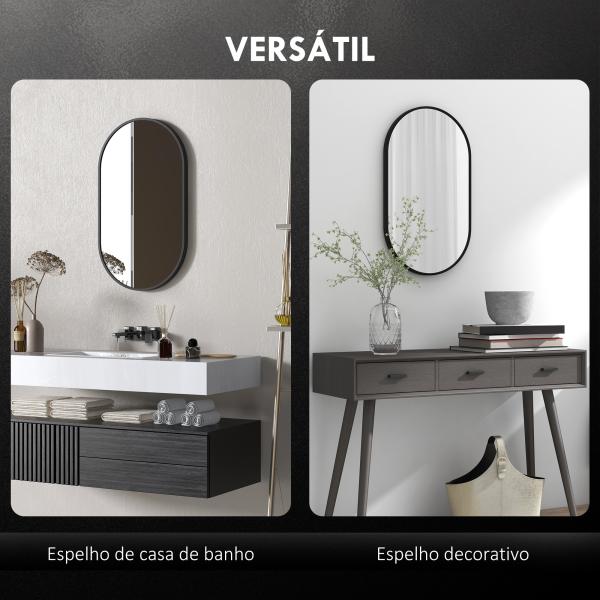 Espelho Casa de Banho Ovalado 60x90 cm Espelho Decorativo de Parede com Estrutura de Alumínio para Sala Corredor Preto