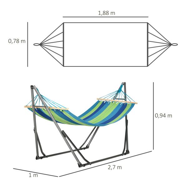 Cama Rede com Suporte Dobrável 2 em 1 Estendal com Barra Estrutura de Aço para Jardim 270x100x94 cm Azul e Verde