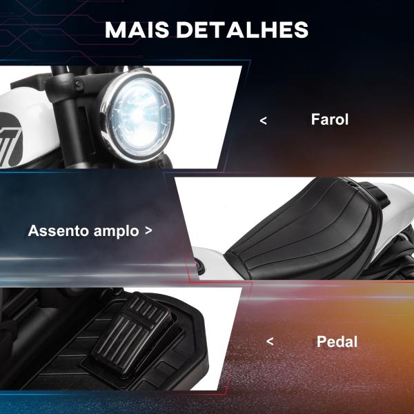 Motocicleta Elétrica para Crianças de 18 - 36 Meses com Bateria 6V Farol e Rodas Auxiliares Removíveis 76x42x57 cm Branca