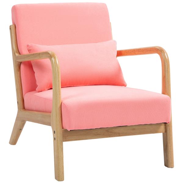 Poltrona Sala de Estar Nórdica Acolchoada com Apoio para os Braços e Estrutura de Madeira de Borracha 61x78x76 cm Rosa