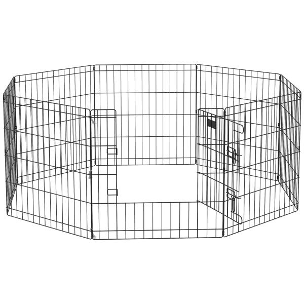Parque para Cães 8 Painéis 61x61cm Dobráveis Gaiola Metálica para Animais de Estimação com Porta e Dupla Fechadura Preto