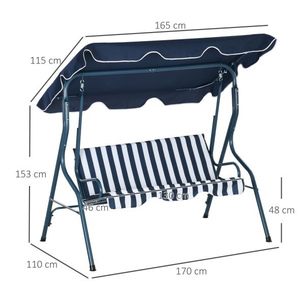 Baloiço de Jardim de 2 - 3 Lugares com Almofada Toldo Ajustável Terraço Patio Capacidade 240kg 170x110x153cm Azul e Branco
