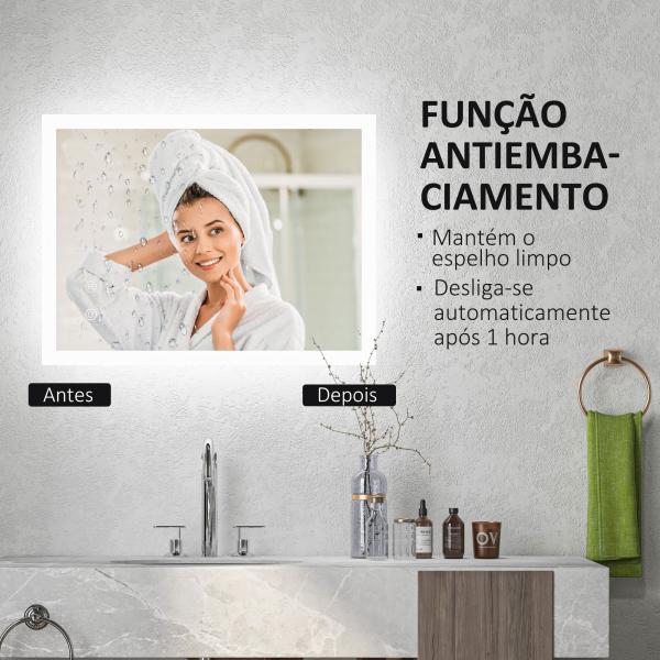 Espelho Casa de Banho com Luzes LED 70x50 cm Função Antiembaciamento 3 Cores Função de Memória e Interruptor Tátil Prata