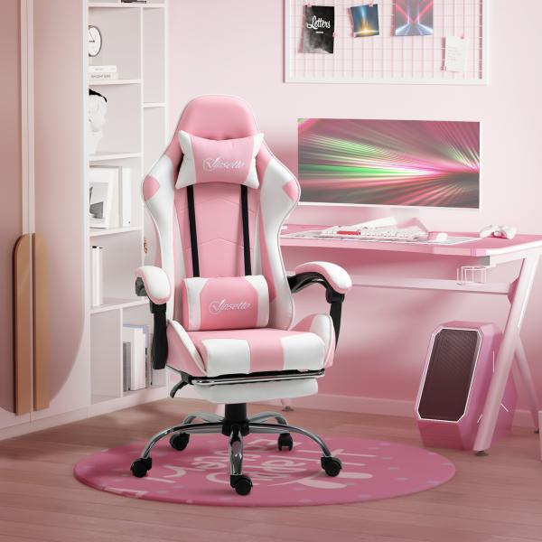 Cadeira de Gaming Reclinável Giratória com Apoio para a Cabeça Apoio para os Pés e Almofada Lombar 64x67x119 - 127 cm Rosa