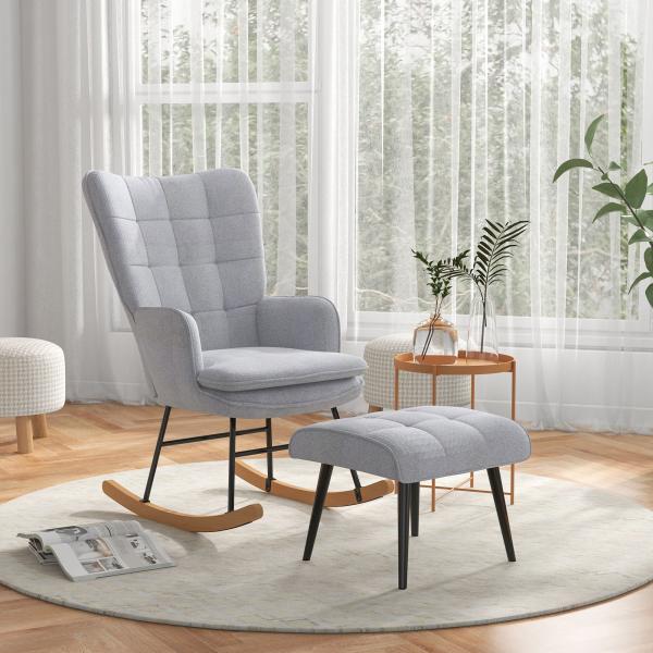 Poltrona Baloiço com Apoio para os Pés Poltrona Relax com Almofada Acolchoada e Anti - Tombo 64x89x90 cm Cinzento