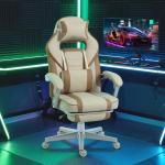 Cadeira Gamer Reclinável com Altura Ajustável Apoio para Pés Retrátil Suporte Lombar e Almofada de Cabeça Removível Creme