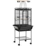 Gaiola para Pássaros com Suporte e Rodas 62,5x62,5x156cm Gaiola Metálica para Aves com Ponte de Arco 2 Poleiros 4 Comedouros 2 Bandejas Removíveis e Prateleira Inferior Cinza