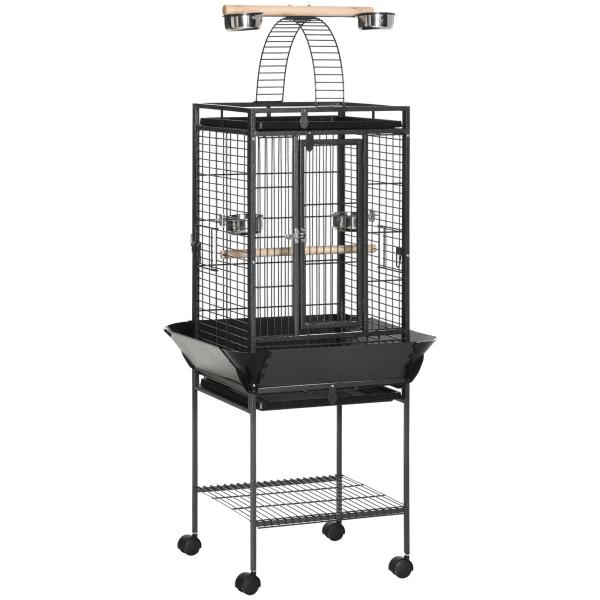Gaiola para Pássaros com Suporte e Rodas 62,5x62,5x156cm Gaiola Metálica para Aves com Ponte de Arco 2 Poleiros 4 Comedouros 2 Bandejas Removíveis e Prateleira Inferior Cinza