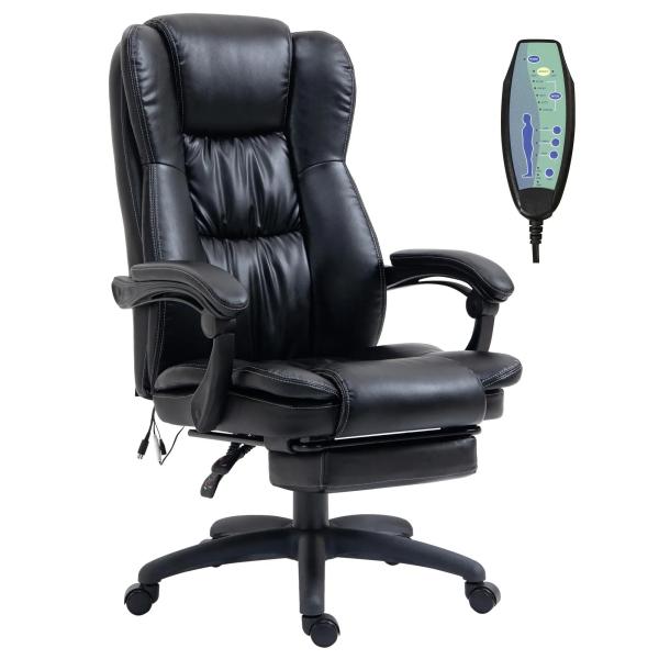 Cadeira de Escritório e Giratória Cadeira de Escritório com Altura Ajustável 6 Pontos de Massagem Controle Remoto e Apoio para os Pés Retrátil 68,5x68,5x119 - 127cm Preto