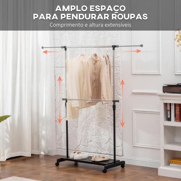 Charriot com Rodas com Barra de Aço Inoxidável e Prateleira para Sapatos Altura Ajustável 94 - 159x42x93 - 168 cm Preto