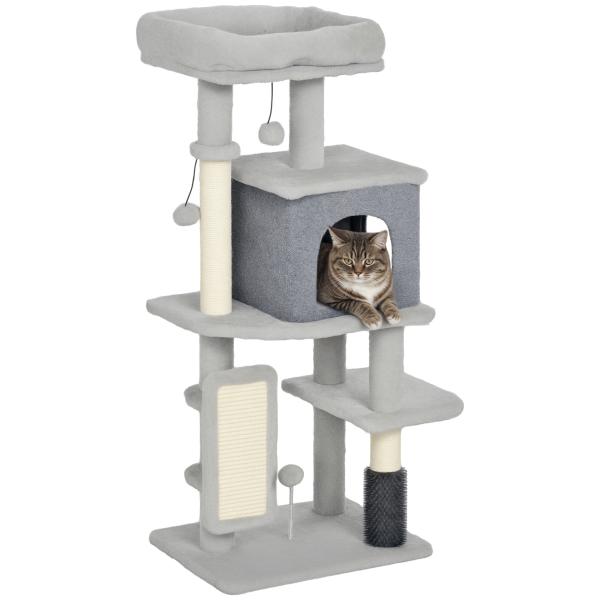 Arranhador para Gatos Grande Altura 104 cm com Plataformas Postes com Escova Bolas Suspensas e Almofadas para Arranhar Cinza