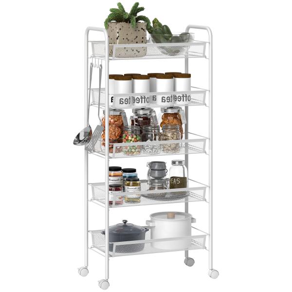 Carrinho Auxiliar com Rodas de 5 Níveis com Cestos de Malha Removíveis e Estrutura de Aço 45x26,5x106 cm Branco