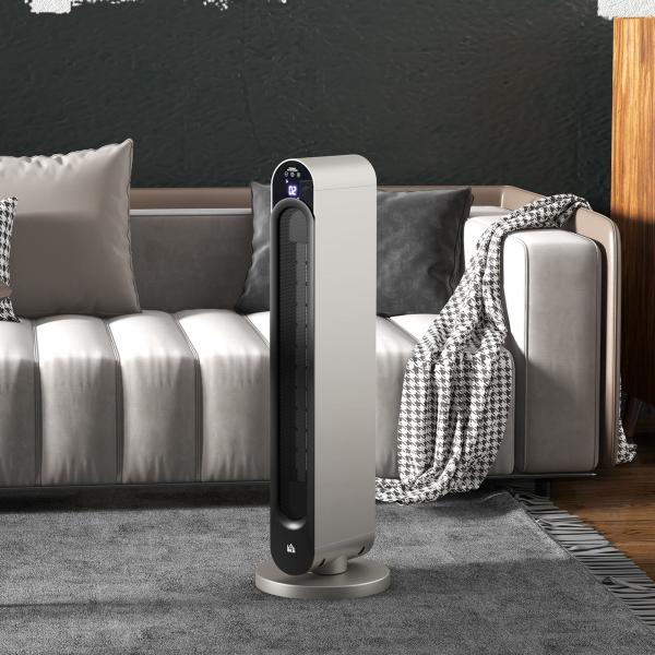 Aquecedor Cerâmico de Torre 1100/2200W com Controlo Remoto Ecrã LED Temporizador de 12h Termostato 3 Modos Ø25x73,5 cm Prata e Preto