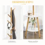 Cabide de Pé de Bambu 2 em 1 com 2 Prateleiras 5 Ganchos e Estrutura de Alumínio 39x5x39,5x71cm Madeira e Branco