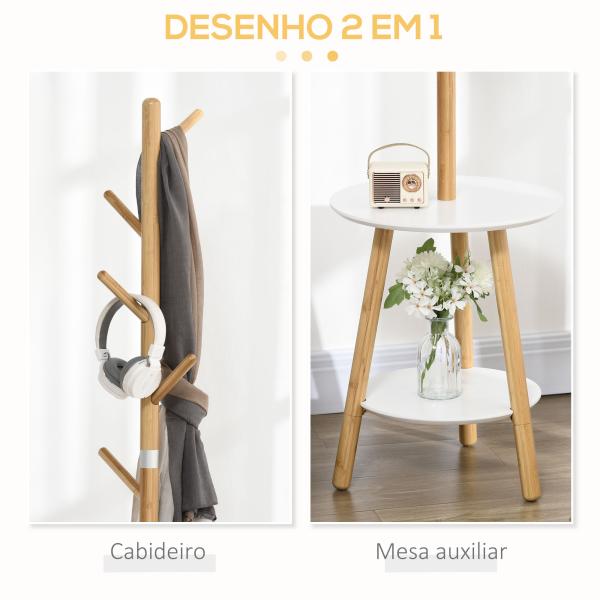 Cabide de Pé de Bambu 2 em 1 com 2 Prateleiras 5 Ganchos e Estrutura de Alumínio 39x5x39,5x71cm Madeira e Branco