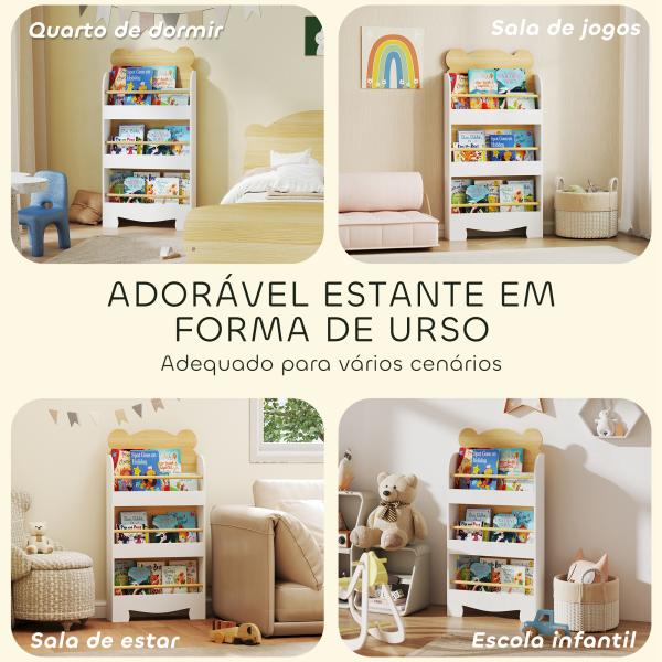 Estante Infantil de 3 Níveis Estante para Livros Infantil Desenho de Ursinho 55x15x110 cm Branco e Madeira