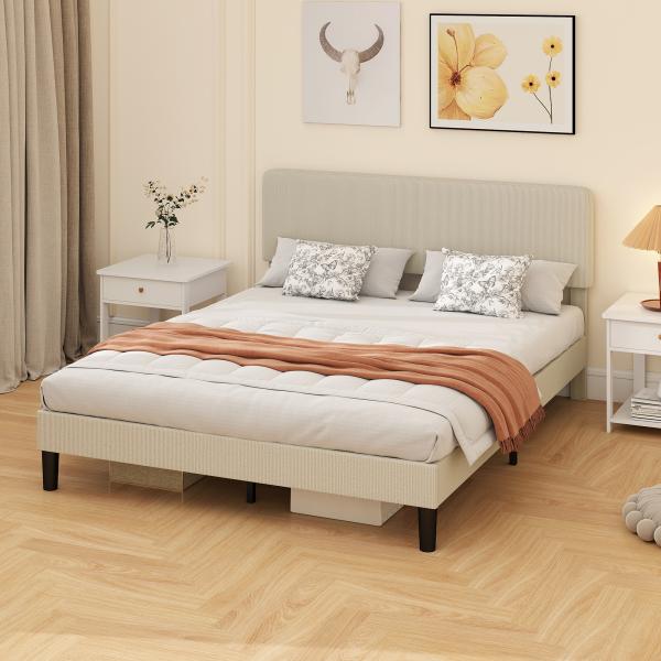 Cama 160x200 cm com Cabeceira Ajustável Estofada em Bombazina Ripas de Madeira Montagem Fácil Cinza Claro