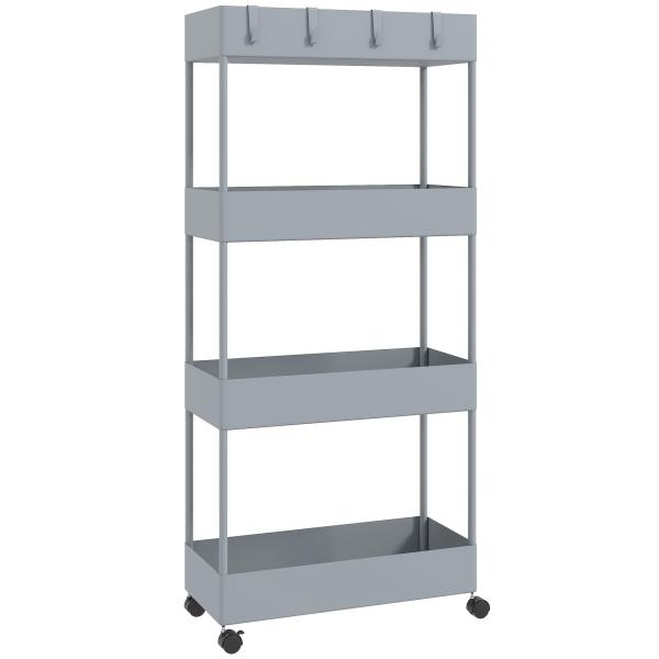 Carrinho Auxiliar com Rodas Carrinho de Armazenamento com 4 Cestas e 4 Ganchos Amovíveis 40x19x90 cm Cinza