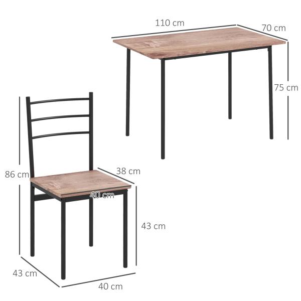 Conjunto de Sala de Jantar 5 Peças 1 Mesa e 4 Cadeiras com Pés em Aço para Cozinha 110x70x75 cm Madeira Natural e Preto