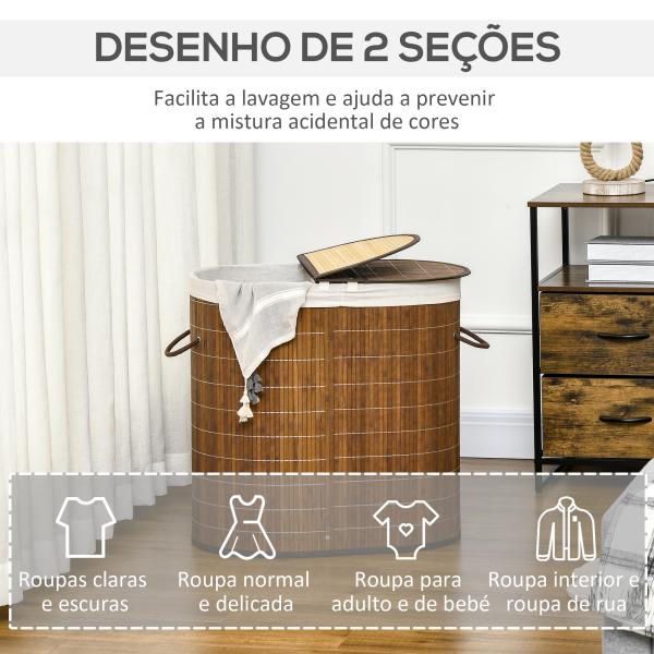 Cesto de Roupa de Bambu Capacidade de 100L Cesto para Roupa Suja com Bolsa de 2 Compartimentos 62,5x37x60,5cm Marrom