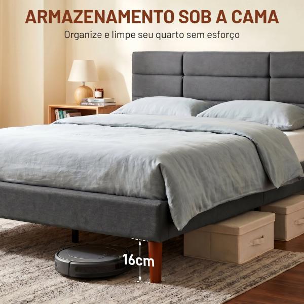 Cama Estofada 140x200 cm com Cabeceira Almofadada, Estrado de Ripas e Espaço Livre Inferior, Cinzento