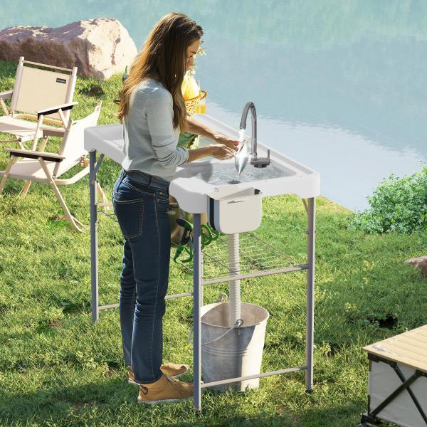 Mesa para Campismo Dobrável Mesa com 2 Lavatórios Mangueira de Drenagem Estação de Limpeza 108x58x92 cm Branco