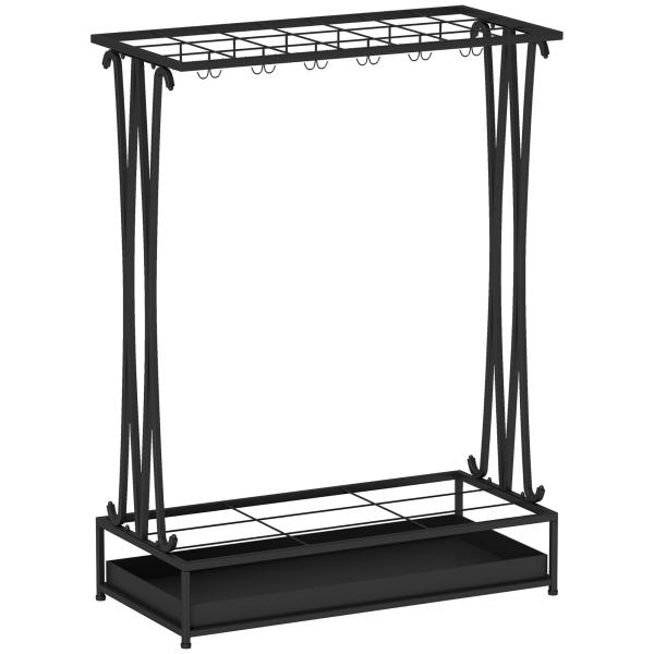 Suporte para Guarda - Chuva Moderno Retangular com 24 Ganchos 21 Espaços e Bandeja Recolhedora de Gotas 50x24x68 cm Preto
