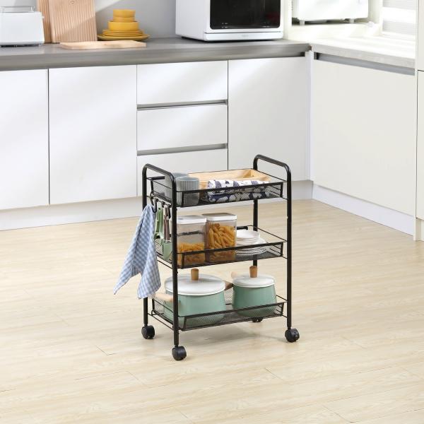 Carrinho de Cozinha em Aço com 3 Cestos e Rodas, Suporta 9 kg, Cozinha, Casa de Banho e Lavandaria 45x26,5x63 cm, Preto