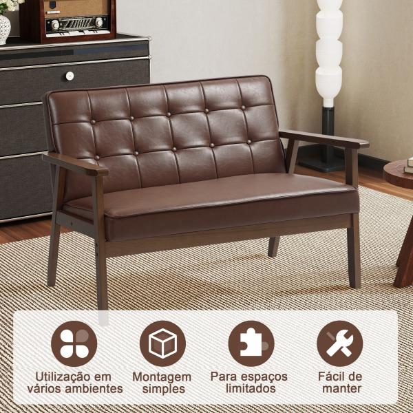 Sofá de 2 Lugares Estofado em Couro PU com Apoio para os Braços de Madeira para Sala de Estar Dormitório115x70x81 cm Marrom