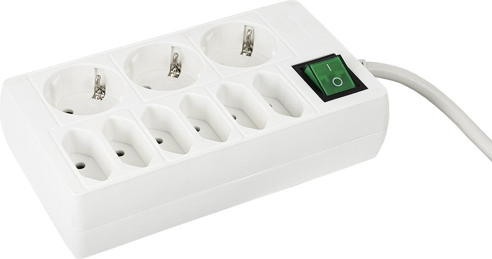 Base 3 Tomadas Schucko, 6 Tomadas Euro + Interruptor (5 mts)