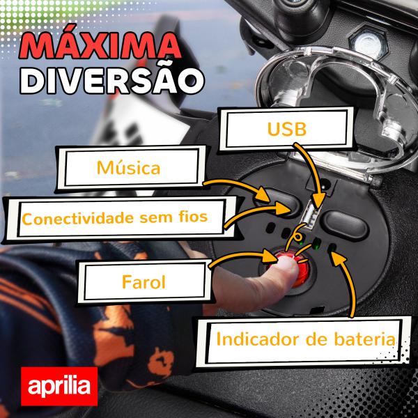 Mota Elétrica Infantil Aprilia 12V Rodas de Apoio Farol Música USB Amortecedor Vermelho 106,5x56x80 cm