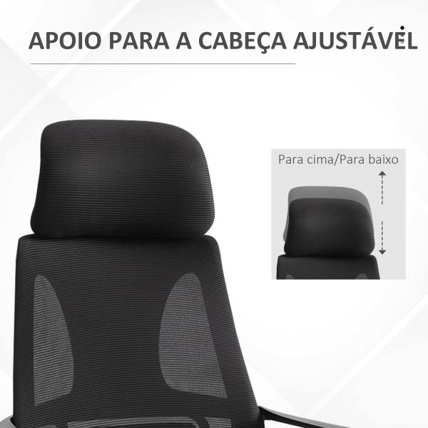 Cadeira de escritório ergonômica Cadeira de mesa inclinável ajustável em altura com encosto de braço Encosto de cabeça 5 rodas Suporta até 120 kg 64x58x116 - 126 cm Preto