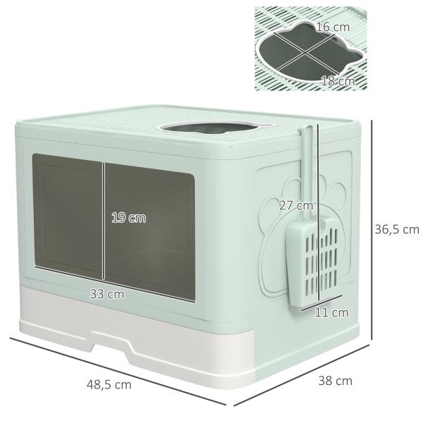 Caixa de Areia para Gatos Amovível com Pá Escova 2 Portas Entrada Principal e Saída Superior 48,5x38x36,5 cm Verde Claro