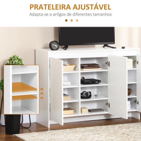 Móvel Aparador com 3 Portas Prateleiras Ajustáveis ​​e Suporte com Fecho Suave para Televisores 120x35x85 cm Branco
