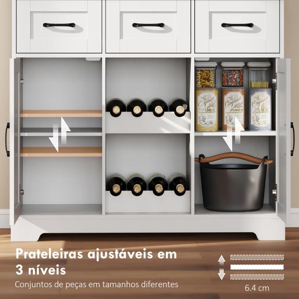 Amário de Cozinha Alto com Suporte para 8 Garrafas 4 Portas 3 Gavetas Prateleiras Abertas100x38x172 cm Branco