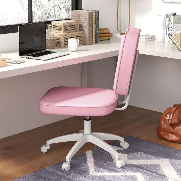 Cadeira de Escritório Estofada em PU com Altura Ajustável Sem Braços Cadeira de Estudo Dormitório 46x59x82 - 92 cm Rosa