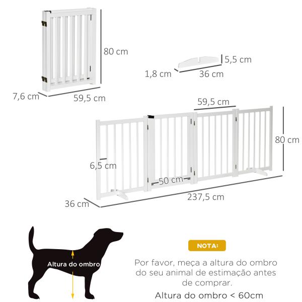 Barreira para Cães Dobrável Barreira para Cães Pequenos e Médios de 4 Painéis com Porta para Escadas e Corredores 237,5x36x80 cm Branco