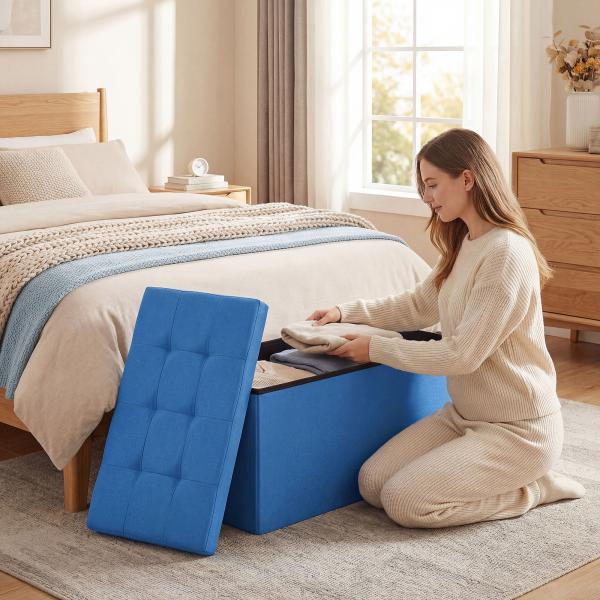 Puff de Armazenamento Banco de Armazenamento Dobrável 84 L 76x38x38 cm Estofado em Linho Sintético Azul Claro