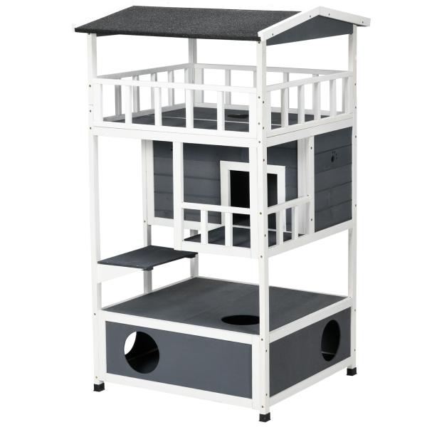 Casa para Gatos Caseta de madeira em abeto com espaço amplo com 4 pisos e espaço destacável para areia 75,5x75x137 cm