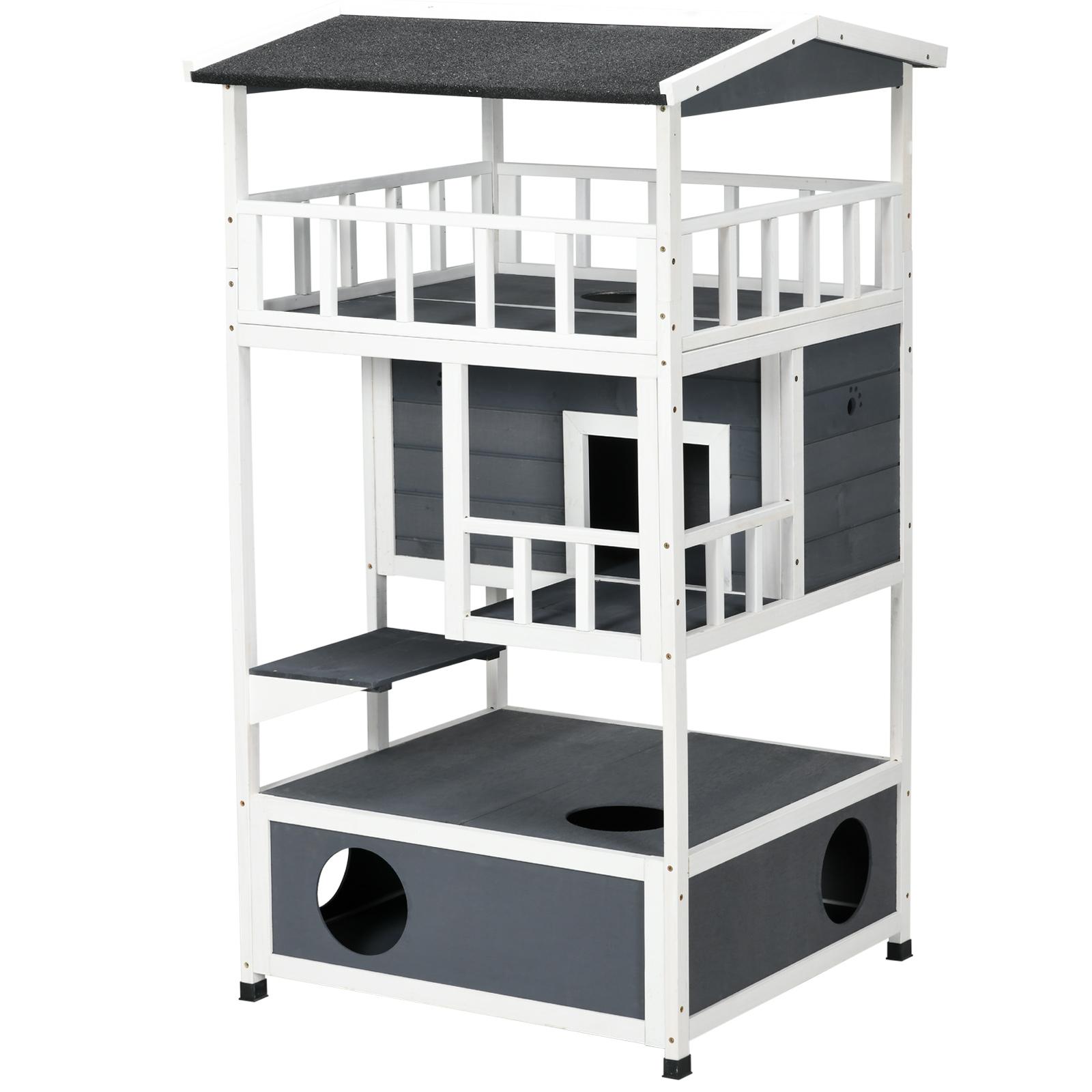 Casa para Gatos Caseta de madeira em abeto com espaço amplo com 4 pisos e espaço destacável para areia 75,5x75x137 cm