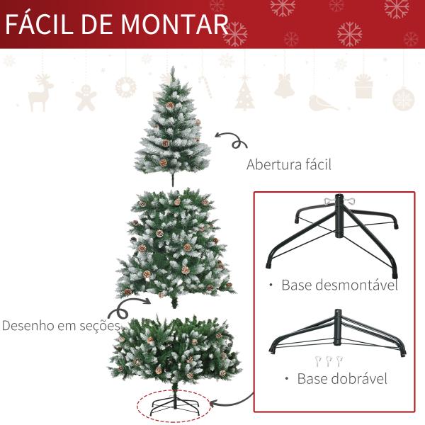 Árvore de Natal Artificial Ø105x210cm com 1440 Pontas de PVC e 75 Pinhas Base Dobrável e Suporte de Aço Decoração de Natal para Interiores Verde