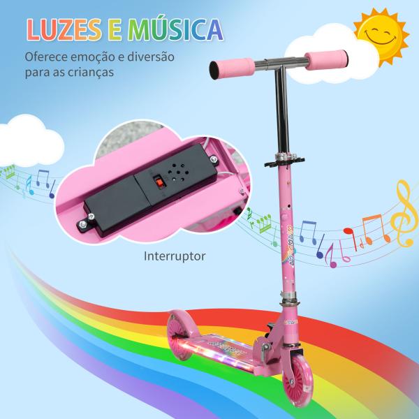 Trotinete para Crianças Dobrável com Luzes e Música 4 Alturas Ajustável Rodas Brilhantes e Pedal LED 67x32x65 - 78 cm Rosa