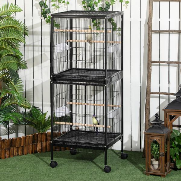Gaiola para Pássaros com Rodas de 2 Níveis com Bandejas Removíveis Portas Comedouros Poleiros 51,5x50x140 cm Preto