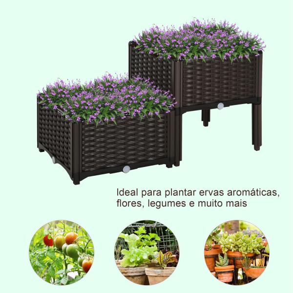 Conjunto de 2 Floreiras Quadradas Floreiras para Flores e Vegetais com Orifícios de Drenagem e Pés Altos 40x40x26 - 44cm Marrom
