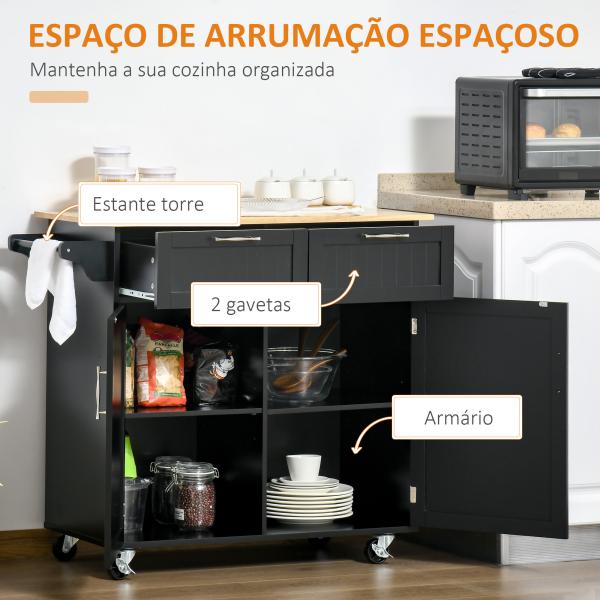 Carrinho de Cozinha com Rodas Móvel Auxiliar de Cozinha com 2 Gavetas 2 Portas Prateleira Ajustável 104x46x91 cm Preto