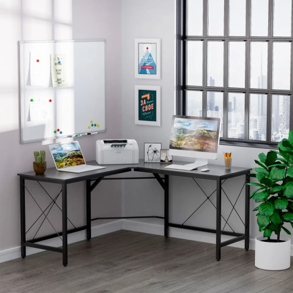 Secretária em Forma de L Secretária para Escritório com Estrutura de Metal Secretária de Canto 150x150x76 cm Preto
