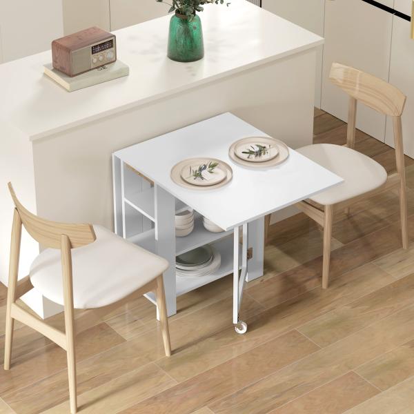 Mesa Dobrável com Asas Dobráveis Mesa de Cozinha com 2 Rodas e Prateleiras Estilo Moderno 120x60x75 cm Branco