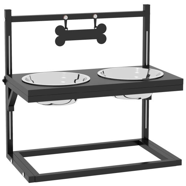 Comedouro Elevado para Cães com 2 Tigelas Altura Ajustável e 1 Peça de Metal com Formato de Osso 40,5x22x39 cm Preto