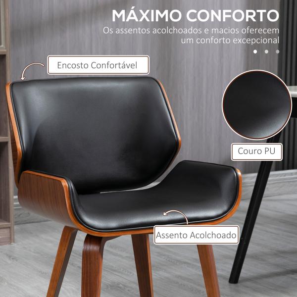 Conjunto de 2 Cadeiras de Jantar com Pés de Madeira Estofadas em Couro Sintético Encosto Curvado 53x54x81 cm Preto